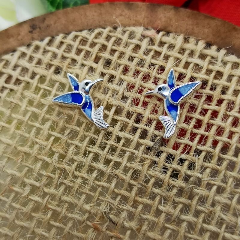 Brinco Beija-Flor em Prata com Resina Azul