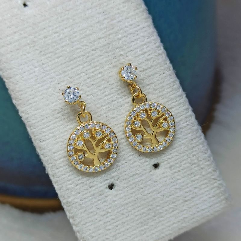 Brinco folheado a ouro árvore da vida com zircônias