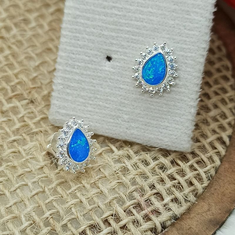 Brinco Gota em Prata com Opala Azul e Zircônias
