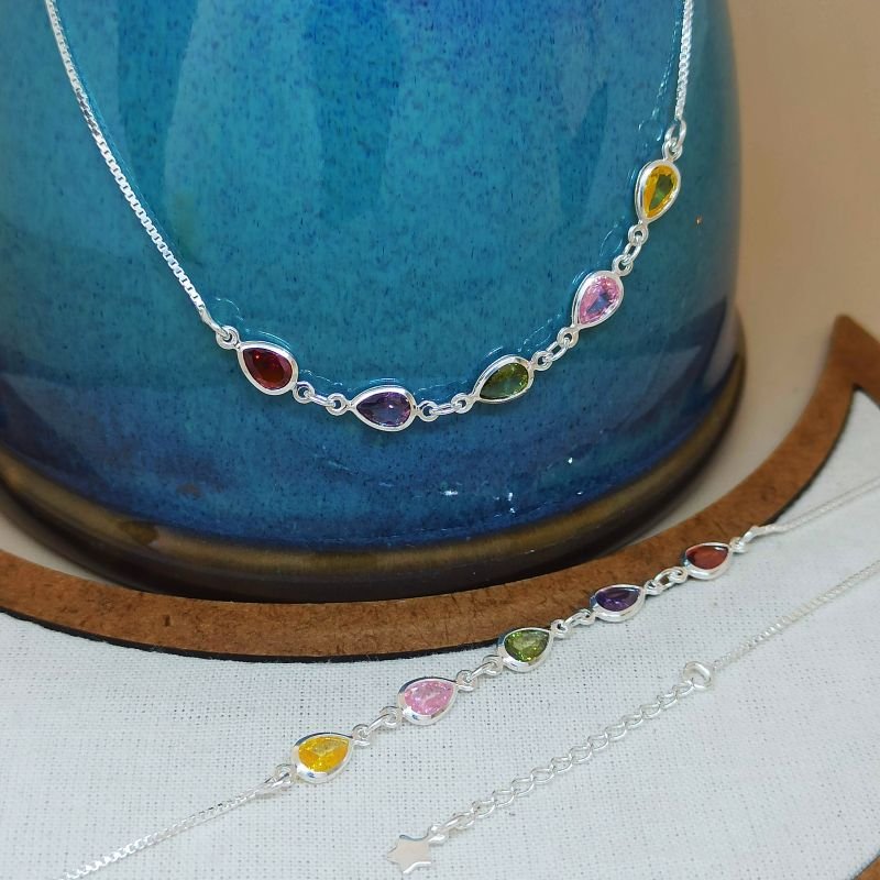 Pulseira de prata 925 de gotas coloridas