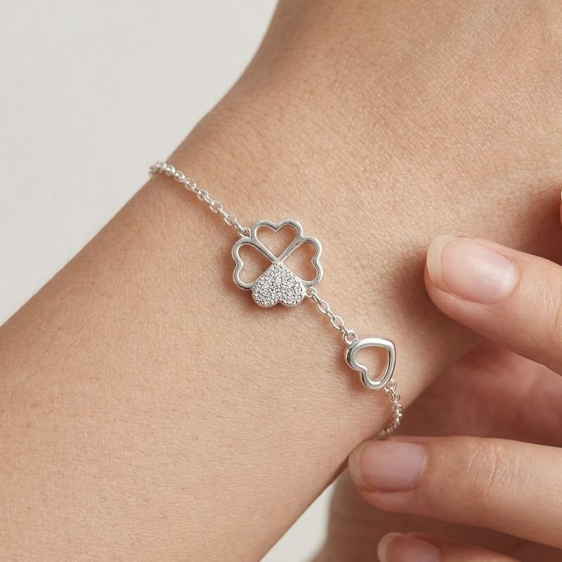 Pulseira prata 925 com trevo e coração